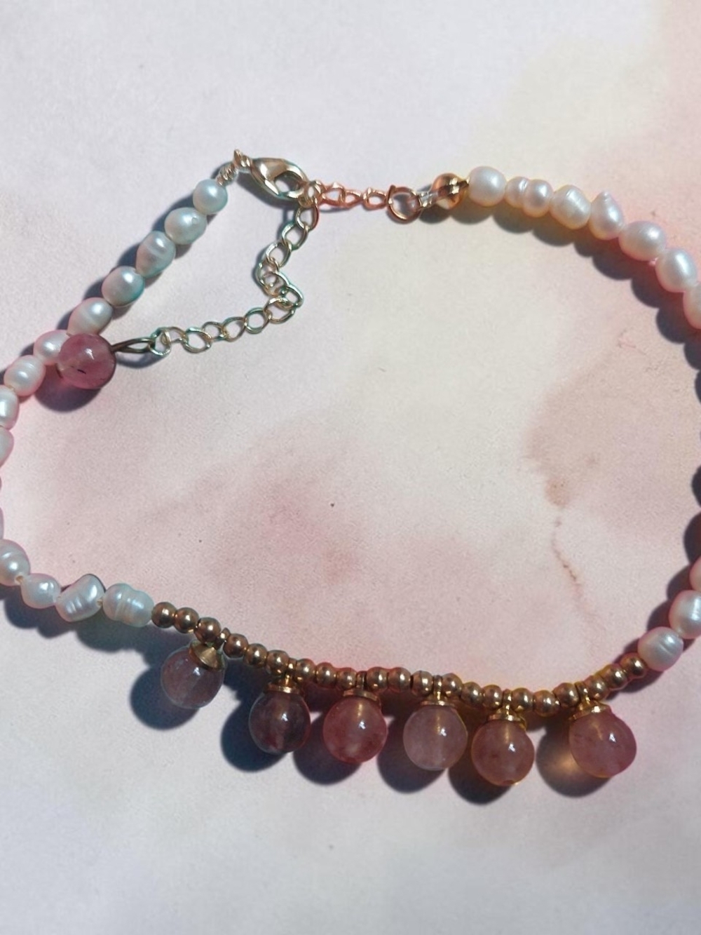 Delicate Pink Quartz & Gold Pearl Bracelet - Unbranded